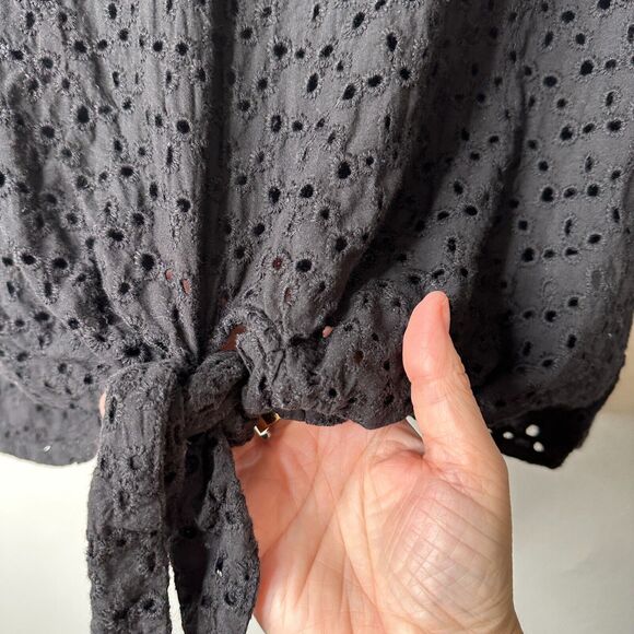 Allison Joy Black Eyelet Lace Front Tie 3/4 Sleeve Round Neck Blouse XS - Picture 5 of 10